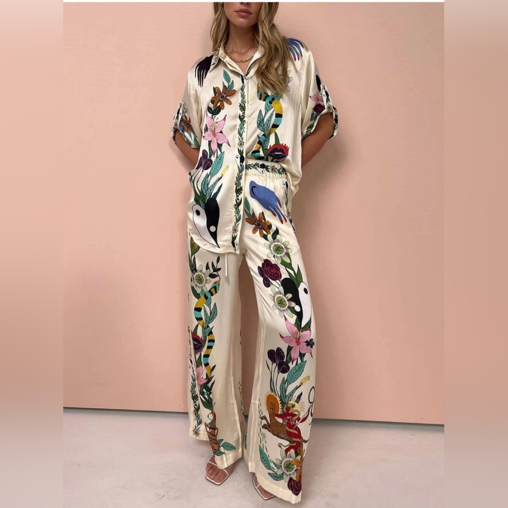 Boho Fantasy Print Satin Lounge Wide Leg Pant Set Suit S M Snake Jungle Vacation